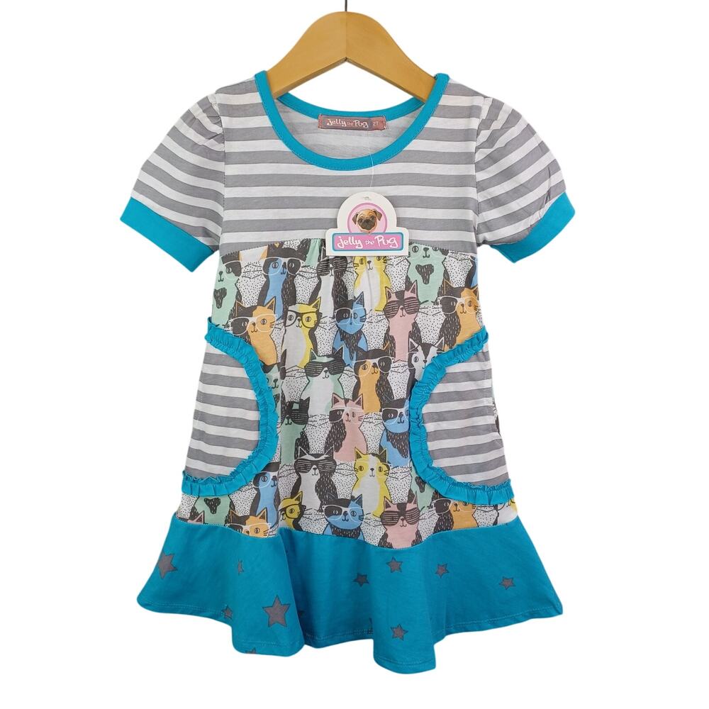 Jelly The Pug Girls Cat Kittens Ruffle Knit Dress Pockets Short Sleeve Size 2T